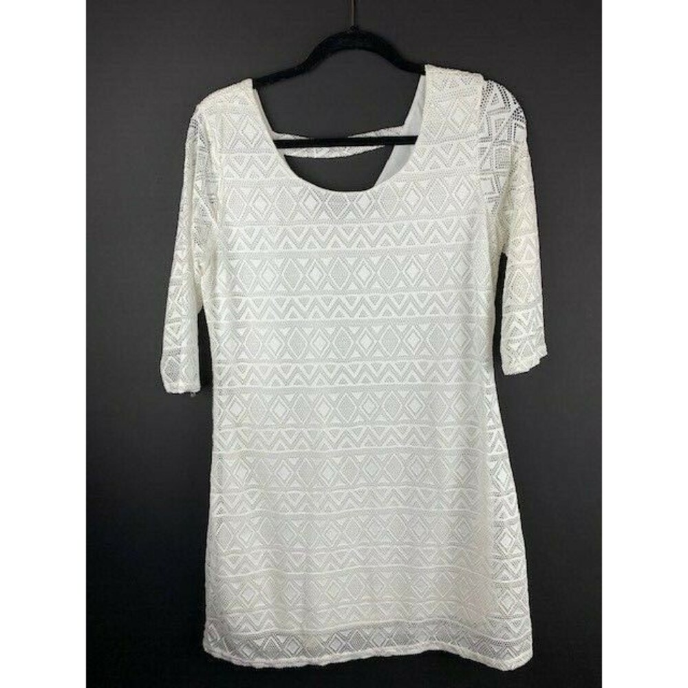 Fresh Of LA Size Petite Large Womens White Dress 1/2 Length Sleeve Lace Lined